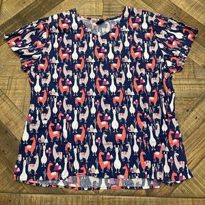 Zoe + Chloe navy blue llama print scrub top Size XL
